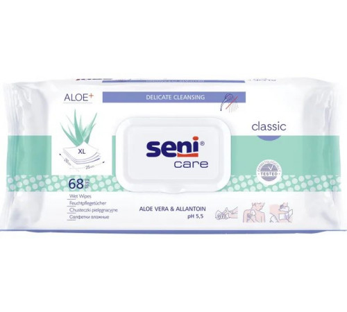 Салфетки влажные Классик с Алоэ вера и Аллантоином р.XL (20*25 см), №68, Seni Care