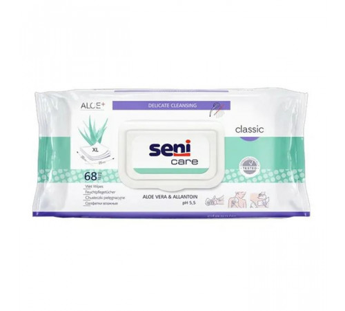 Салфетки влажные Классик с Алоэ вера и Аллантоином р.XL (20*25 см), №68, Seni Care